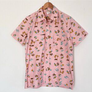 Bocabay Men's Hawaiian Shirt Pink Flipflops Beach Palm Trees Size Medium B59